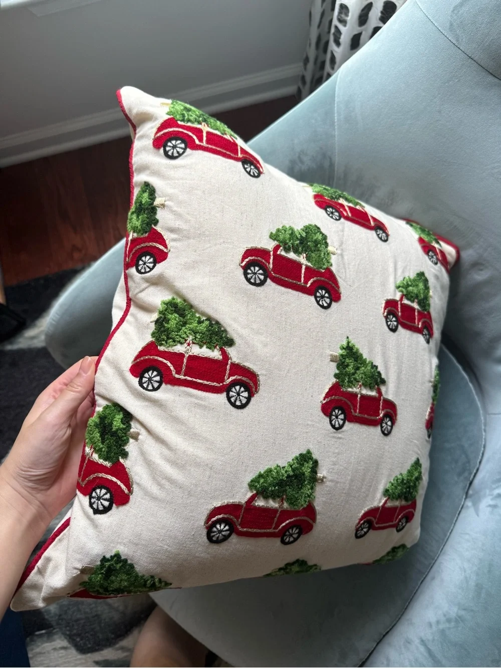 Cynthia Rowley Red Car Tree Pattern Holiday Throw Pillow